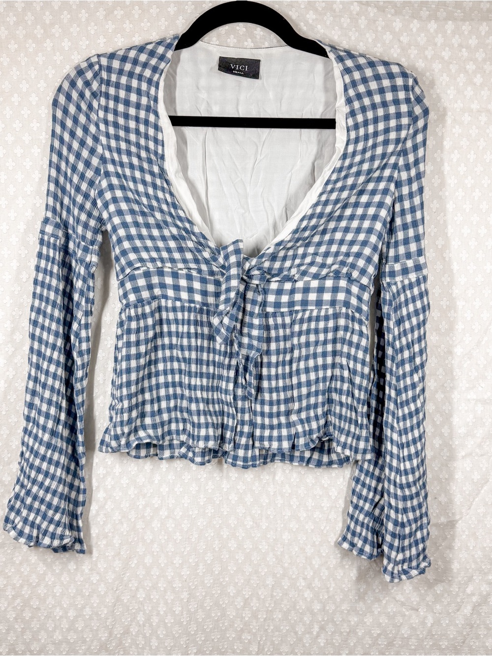 Vici Blue White Gingham Flare Long Sleeve Cropped Top